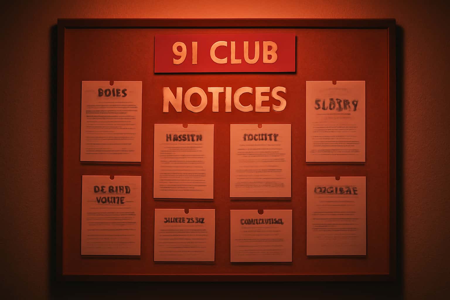 A digital landscape featuring the title '91 Club Notices' in 3D text with #cf2326 accents.